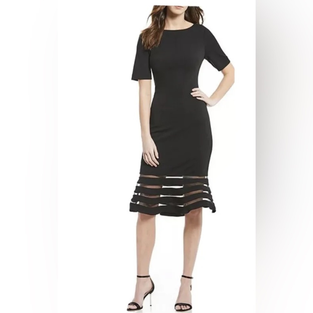 Belle Badgley Mischka Trumpet Mesh Inset Midi Dress